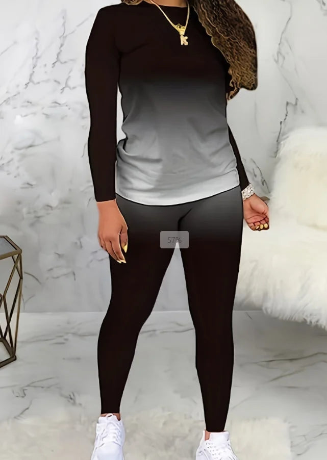 Plus size European and American cross-border spring and autumn new round neck gradient long sleeve trousers casual suit