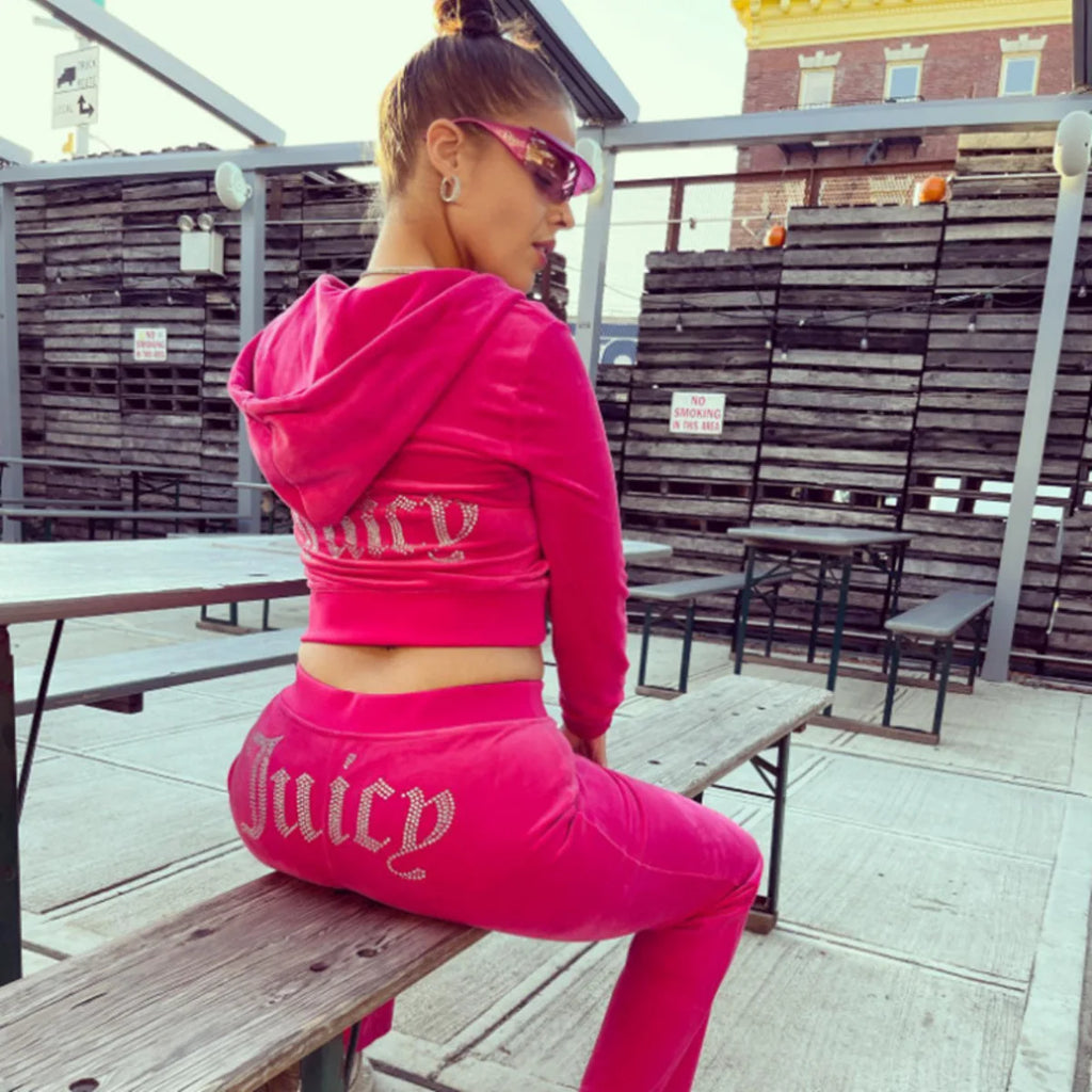 Ladies Casual Sportswear Set Pure Color Letter Rhinestone Long Sleeve Hoodie Loose Pants Two Piece Set Street Style Polyester