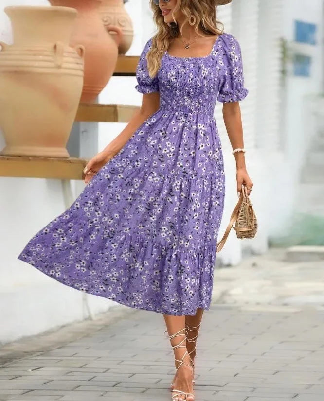 2025 New Women's Printed Dress Square Collar Bubble Sleeve Empire Waist Midi Dress Short Sleeve Cross-Border Independent Station