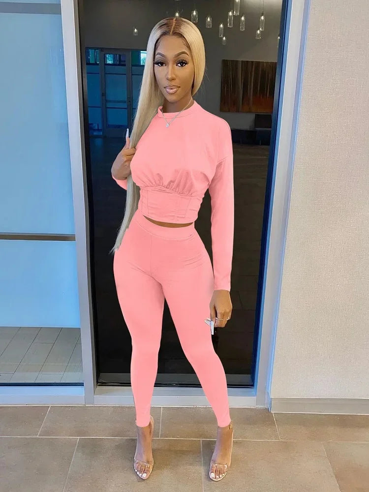 2023 Autumn New Women's Pure Color Sports Waist Suit Fashion Casual Two-piece Set