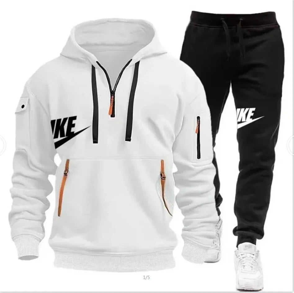 2026   New autumn and winter men's long-sleeved pullover hoodie + pants 2-piece fashionable outdoor running men's sportswear set