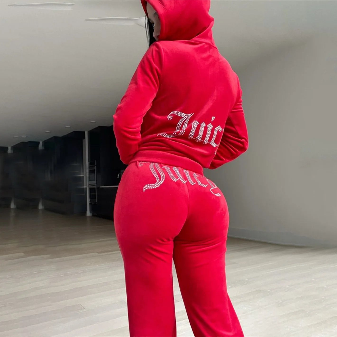 Ladies Casual Sportswear Set Pure Color Letter Rhinestone Long Sleeve Hoodie Loose Pants Two Piece Set Street Style Polyester