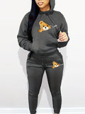 Women's autumn and winter fashion casual hip-hop street cartoon bear zipper print warm hooded sweatshirt+sports pants set