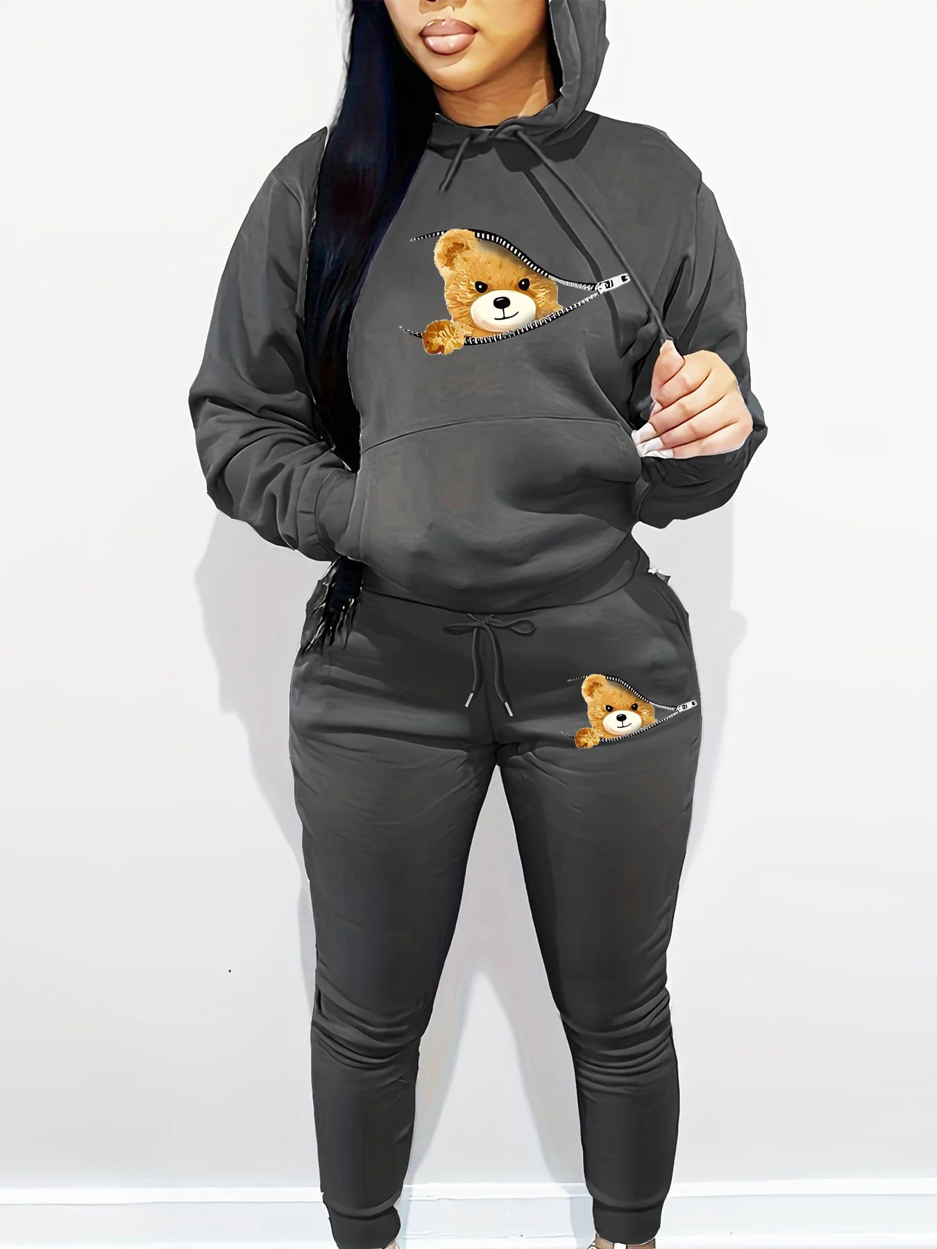 Women's autumn and winter fashion casual hip-hop street cartoon bear zipper print warm hooded sweatshirt+sports pants set