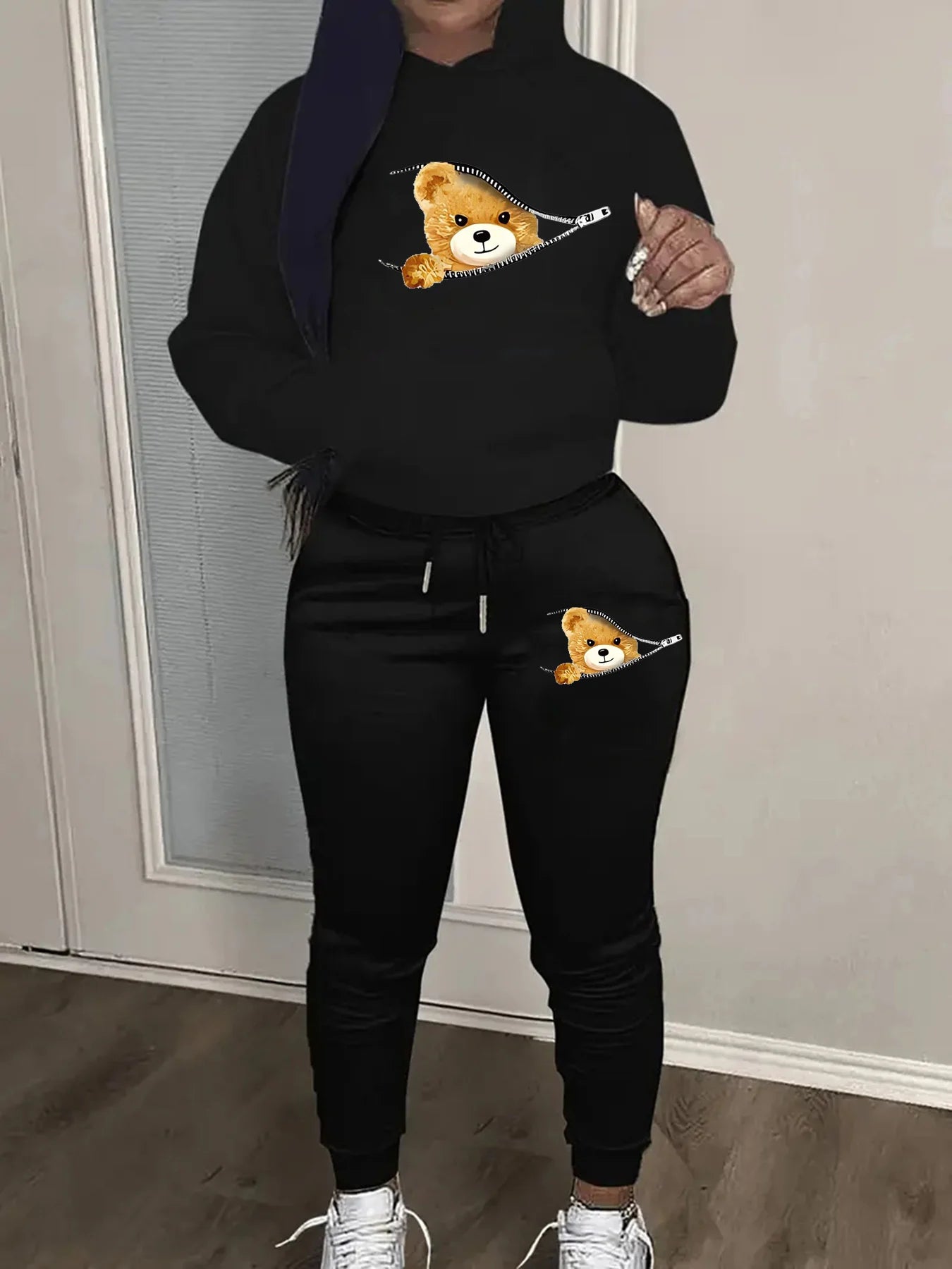 Women's autumn and winter fashion casual hip-hop street cartoon bear zipper print warm hooded sweatshirt+sports pants set