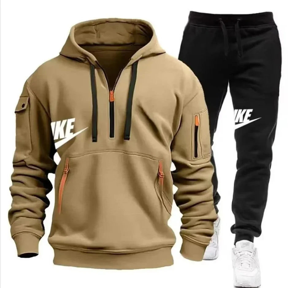 2026   New autumn and winter men's long-sleeved pullover hoodie + pants 2-piece fashionable outdoor running men's sportswear set