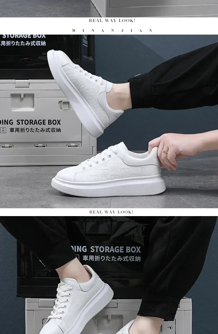 2025 New Men's Shoes Spring and Autumn Flat-soled Casual Leather Shoes Sports Shoes Black and White Men's Thick-soled Breathable