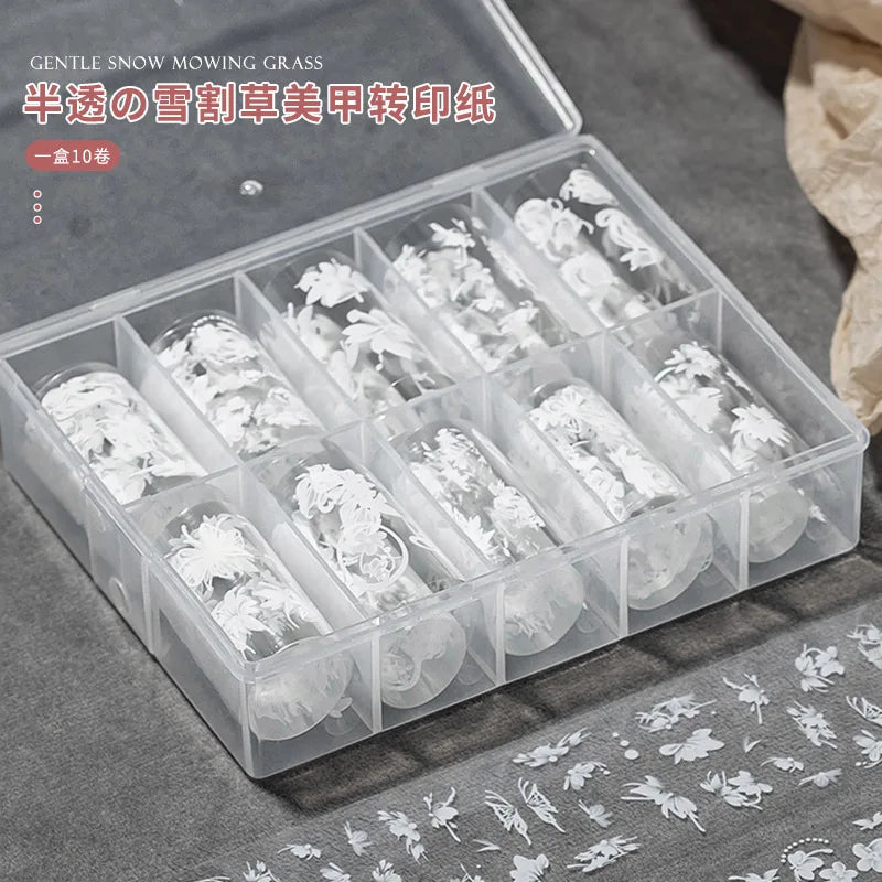 10Rolls4*50cm White Translucent Flower&Butterfly Nail Art Plastic White Flower Nail Tranfer Decal DIY Wedding Bride White Foil
