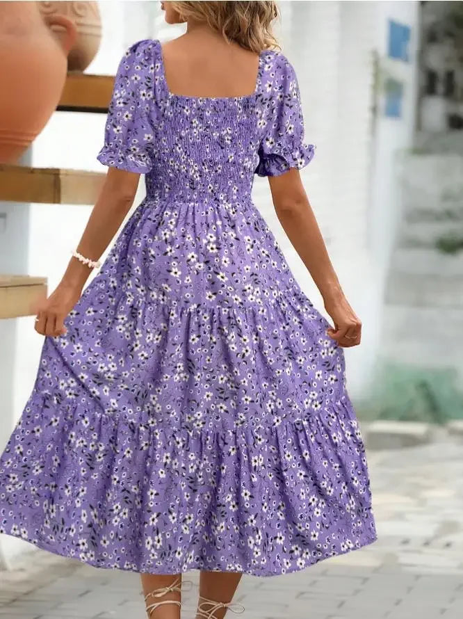 2025 New Women's Printed Dress Square Collar Bubble Sleeve Empire Waist Midi Dress Short Sleeve Cross-Border Independent Station