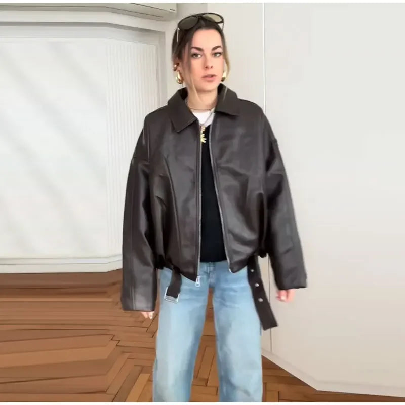 Chaqueta Bomber de Cuero PU Estilo Vintage