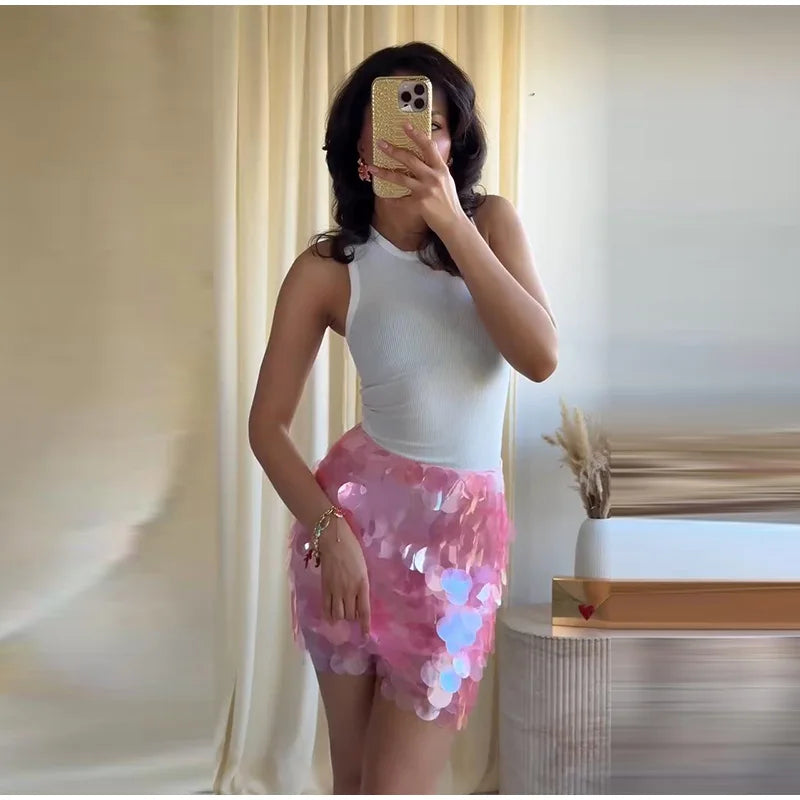 Women Dress Large Sequin Mini Skirt High Waisted Bodycon Sparkly Party Clubwear Fashion Bottoms Night Spring Summer Skirt Ladies