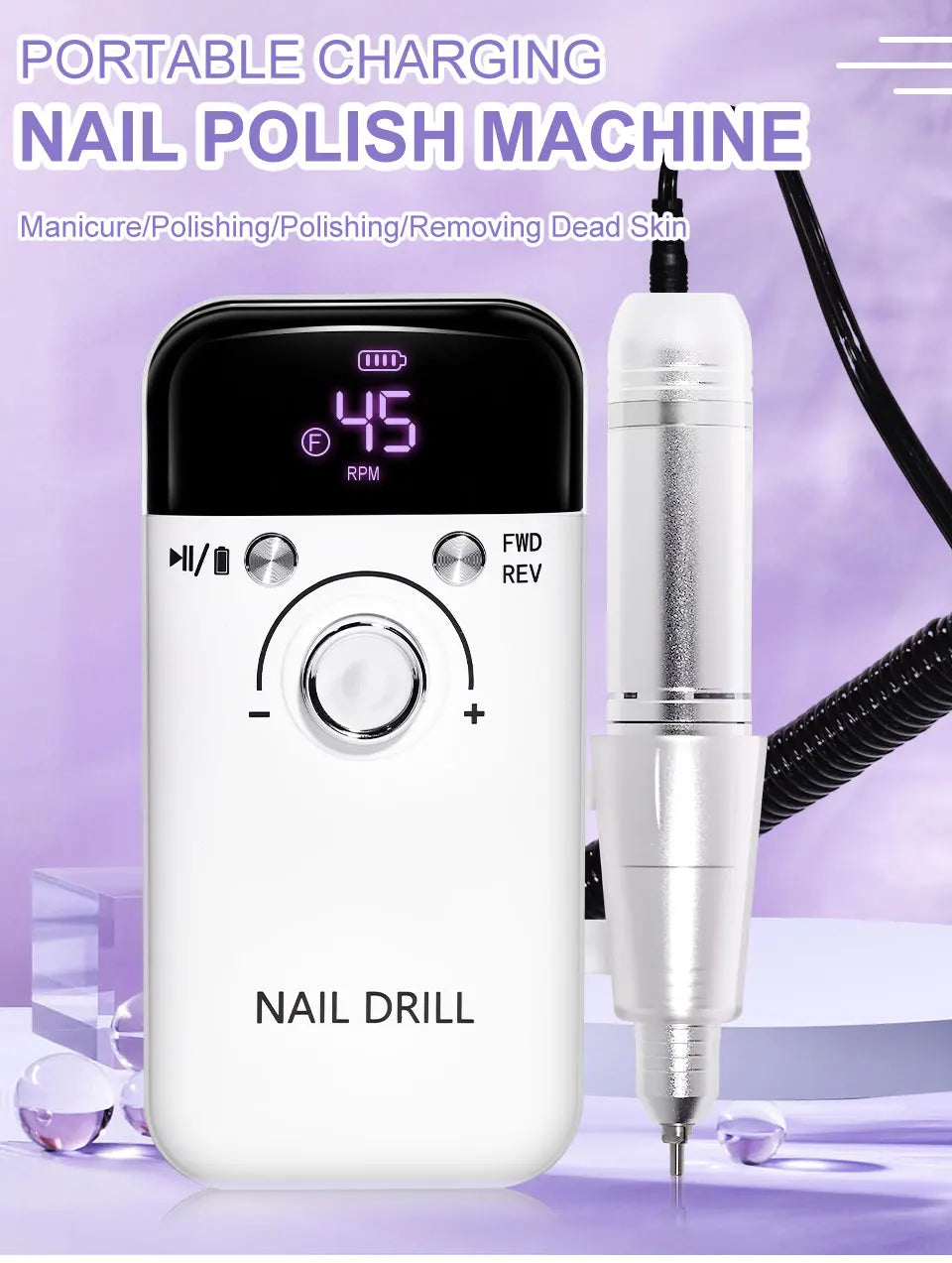 Nail Drill 45000 RPM Rechargeable Nails Electric File for Acrylic Gel Removing & Polishing Gel for Home/Salon Manicure Pedicure