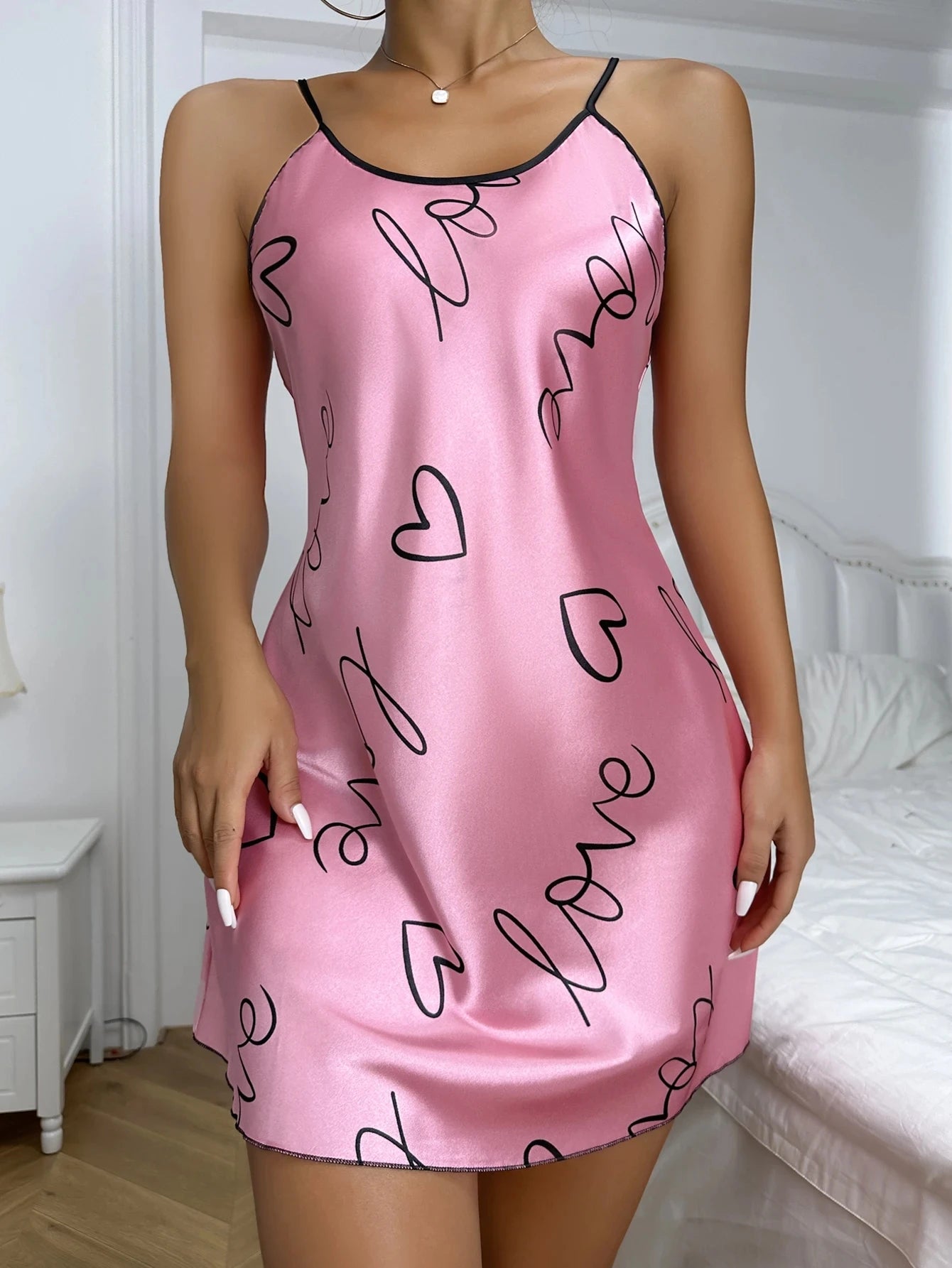 Heart Letter Print Nightdress Casual Round Neck Spaghetti Strap Sleep Dress Women's Sleepwear Dresses