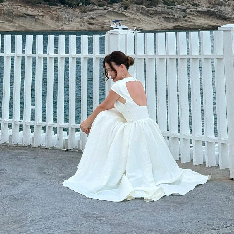 Suninheart Women Circle Cut Out Back Dress Wide Shoulders and Fitted Waist Prom Dress Fluffy Hem Midi Wedding Party Dresses