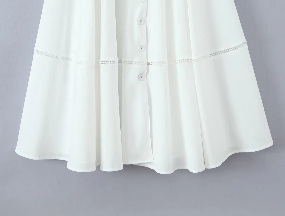 YENKYE Sexy Lace Up Bandage Back Elegant White Sling Dress Women Front Button A-line Cotton Corset Style Summer Dress Midi Robe