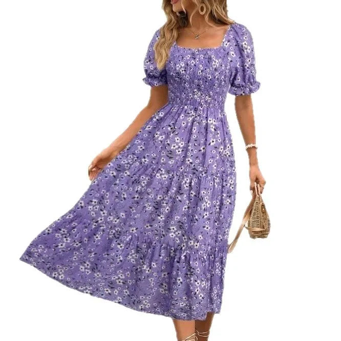 2025 New Women's Printed Dress Square Collar Bubble Sleeve Empire Waist Midi Dress Short Sleeve Cross-Border Independent Station