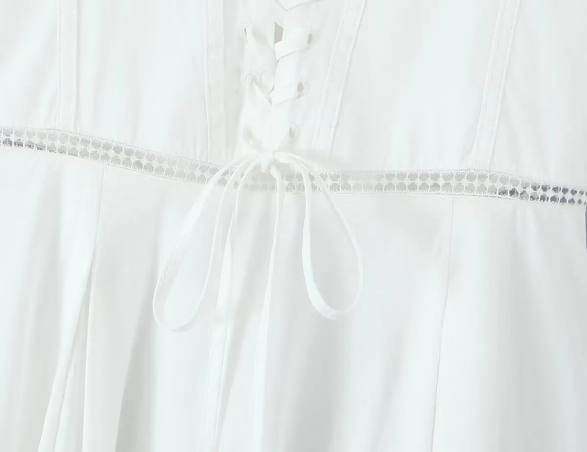 YENKYE Sexy Lace Up Bandage Back Elegant White Sling Dress Women Front Button A-line Cotton Corset Style Summer Dress Midi Robe