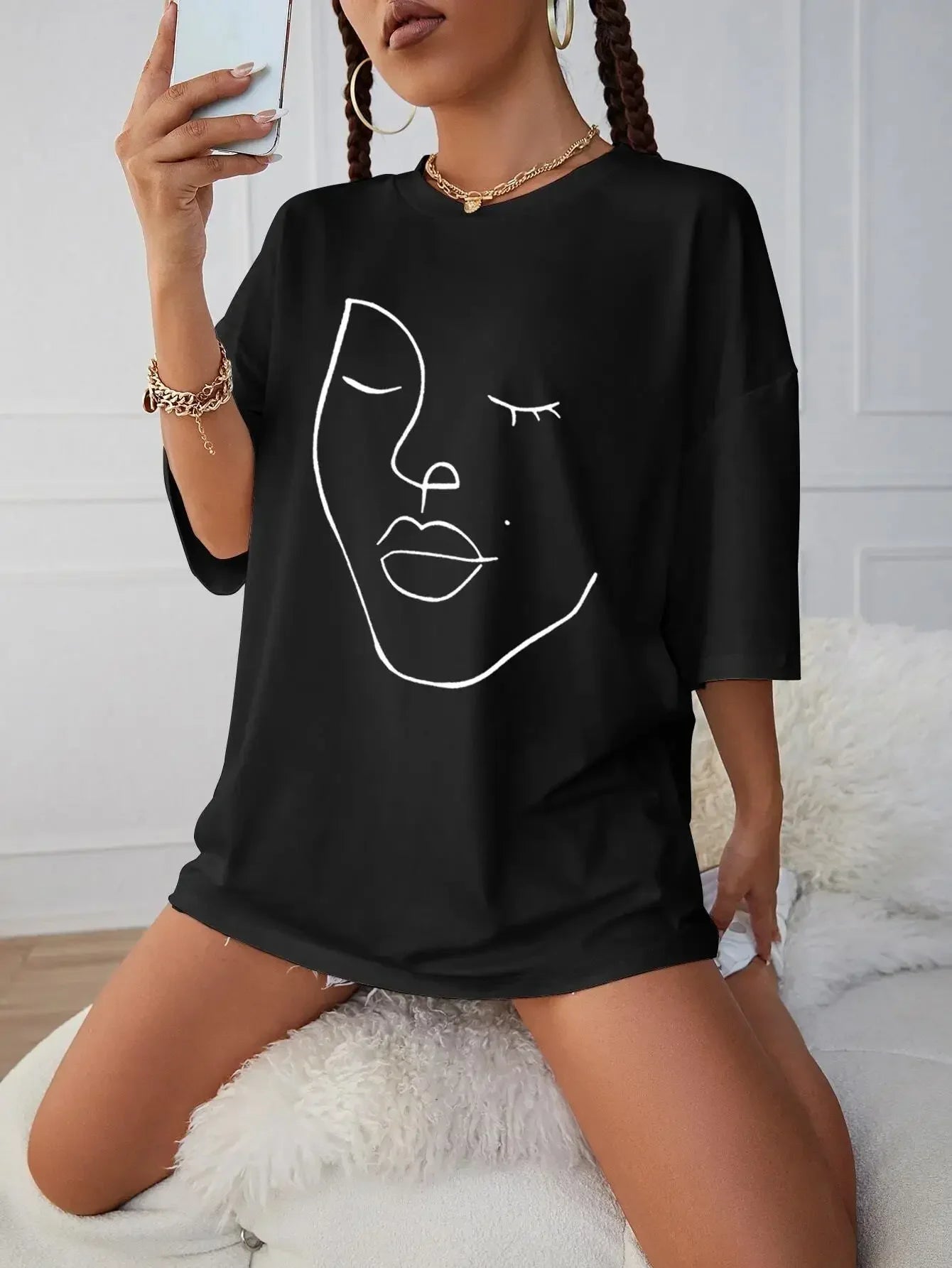 Simple Line Pattern Women's Face Printing Tees Cotton Women T-Shirts Casual Soft Short Sleeve Tops Loose Comfortable Clothes