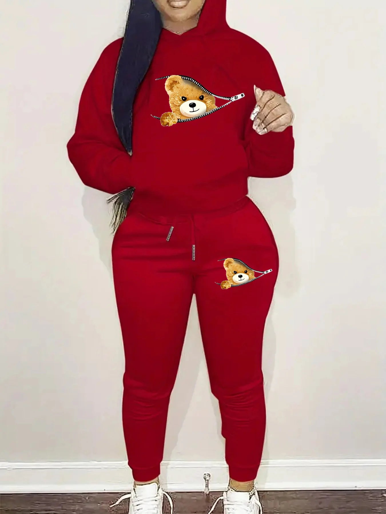 Women's autumn and winter fashion casual hip-hop street cartoon bear zipper print warm hooded sweatshirt+sports pants set
