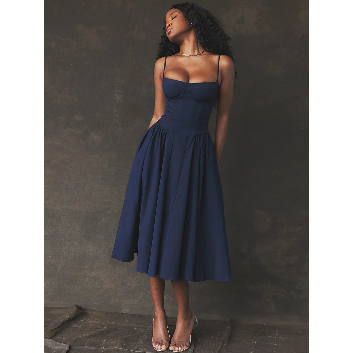 Summer Women Elegant Sleeveless Backless Pleated Dresses Lady Sexy Solid Sling Midi Dress 2024 Female Party Evening A-line Robes