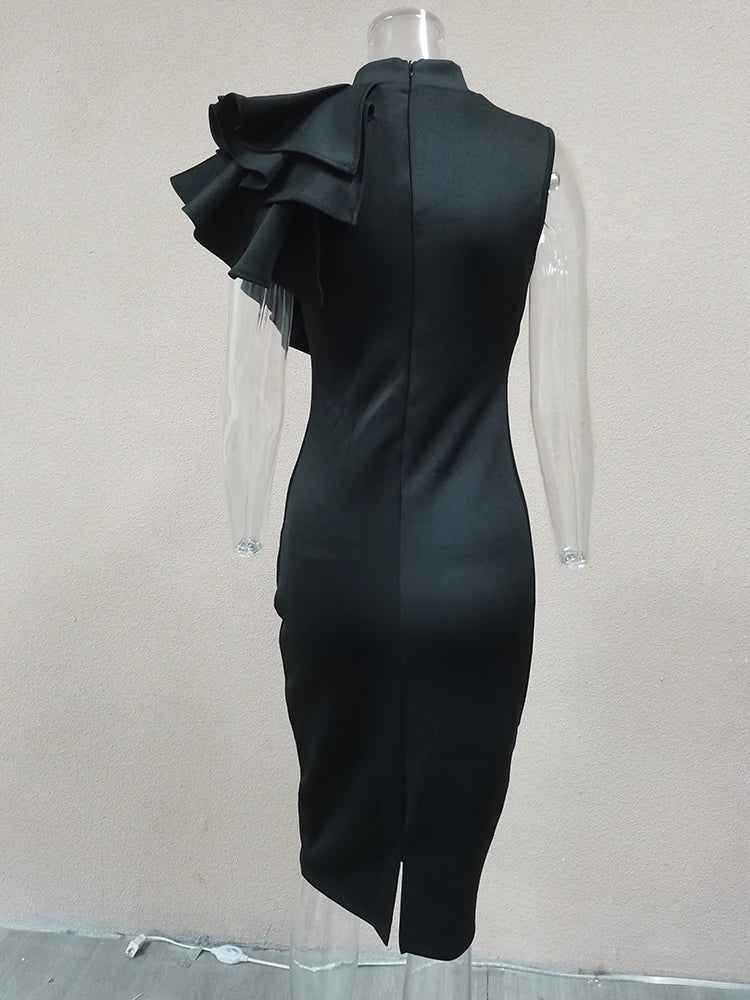 Summer Fashion Bodycon High Neck Sleeveless One Shoulder With Flower Ruffle Elegant Evening Dress