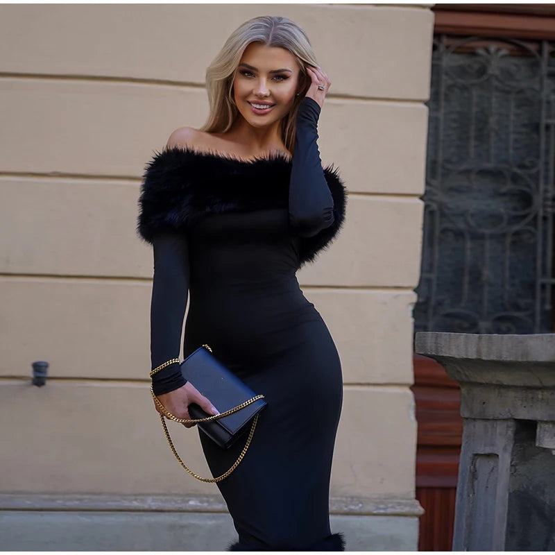 Faux Fur Patchwork Strapless Dress Women Sexy Off-shoulder Full Sleeve Cinched-waist Slim Gowns Lady Chic Evening Party Dresses