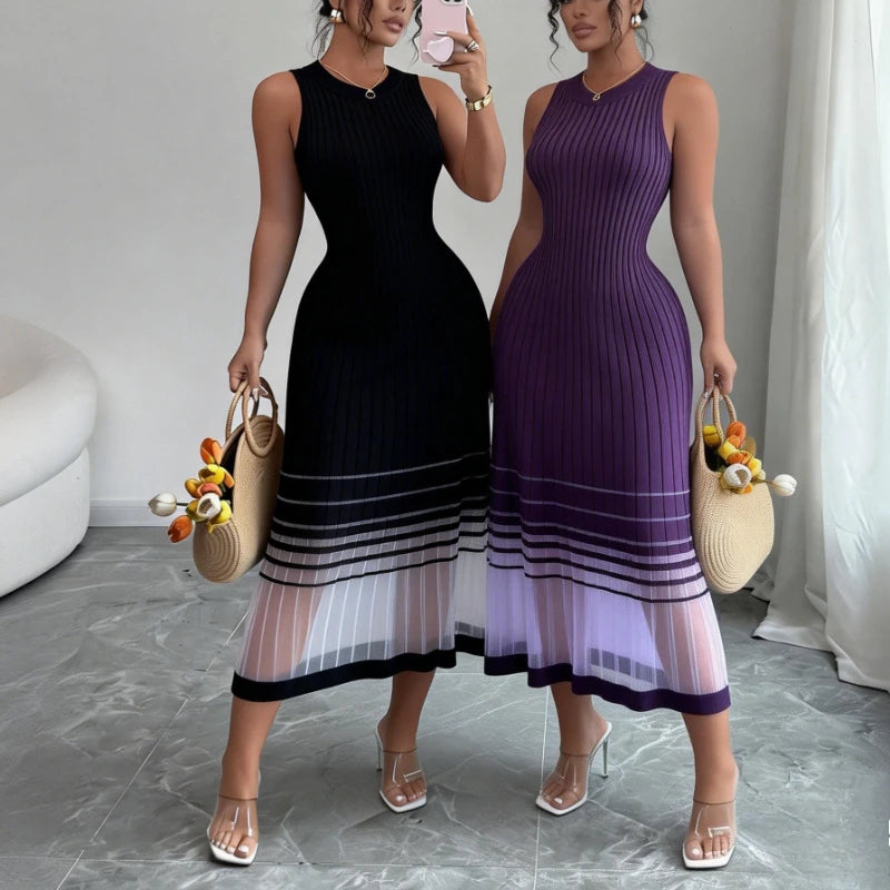 Women's Purple Ombre Sleeveless Crew Neck Mesh Elastic Knit Midi Dress with Sheer Hem Casual Summer Beach Vacation Party Dress
