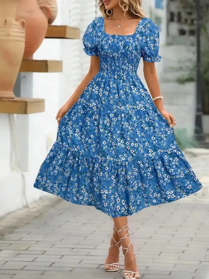 2025 New Women's Printed Dress Square Collar Bubble Sleeve Empire Waist Midi Dress Short Sleeve Cross-Border Independent Station