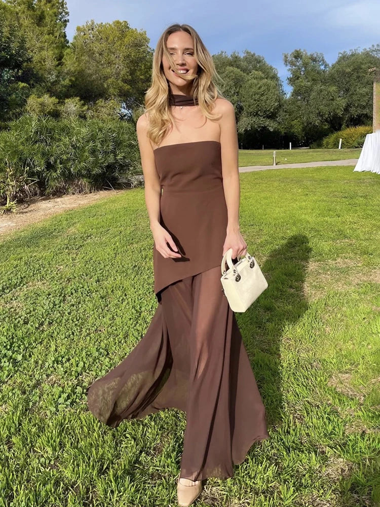 Elegant Women's Strapless Ribbon Long Dress Mesh Maxi Dresses Summer Evening Party Wedding Guest White Yellow Burgundy Brown New