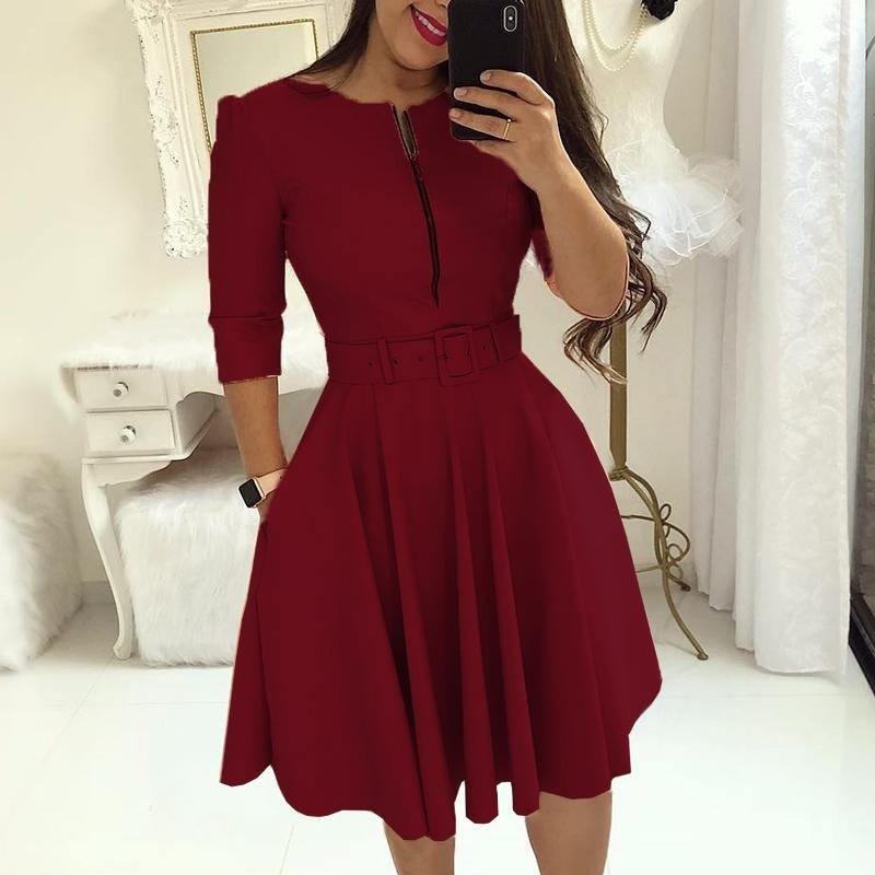 Fashion Women Patchwork A-line Dresses Autumn/Winter Round Neck Printed Belt Party Dress Elegant Office Lady Zipper Dress