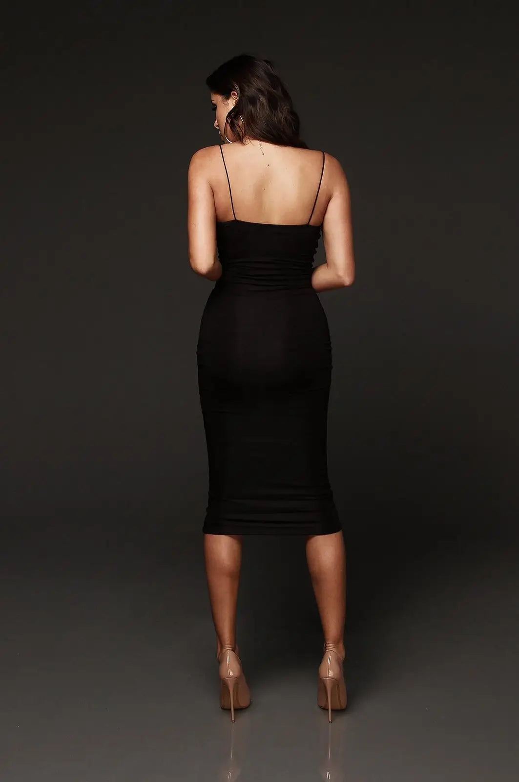 Combhasaki Sexy Summer Women's Sleeveless Thin Shoulder Straps Deep O Neck Evening Party Clubwear Solid Color Midi Bodycon Dress