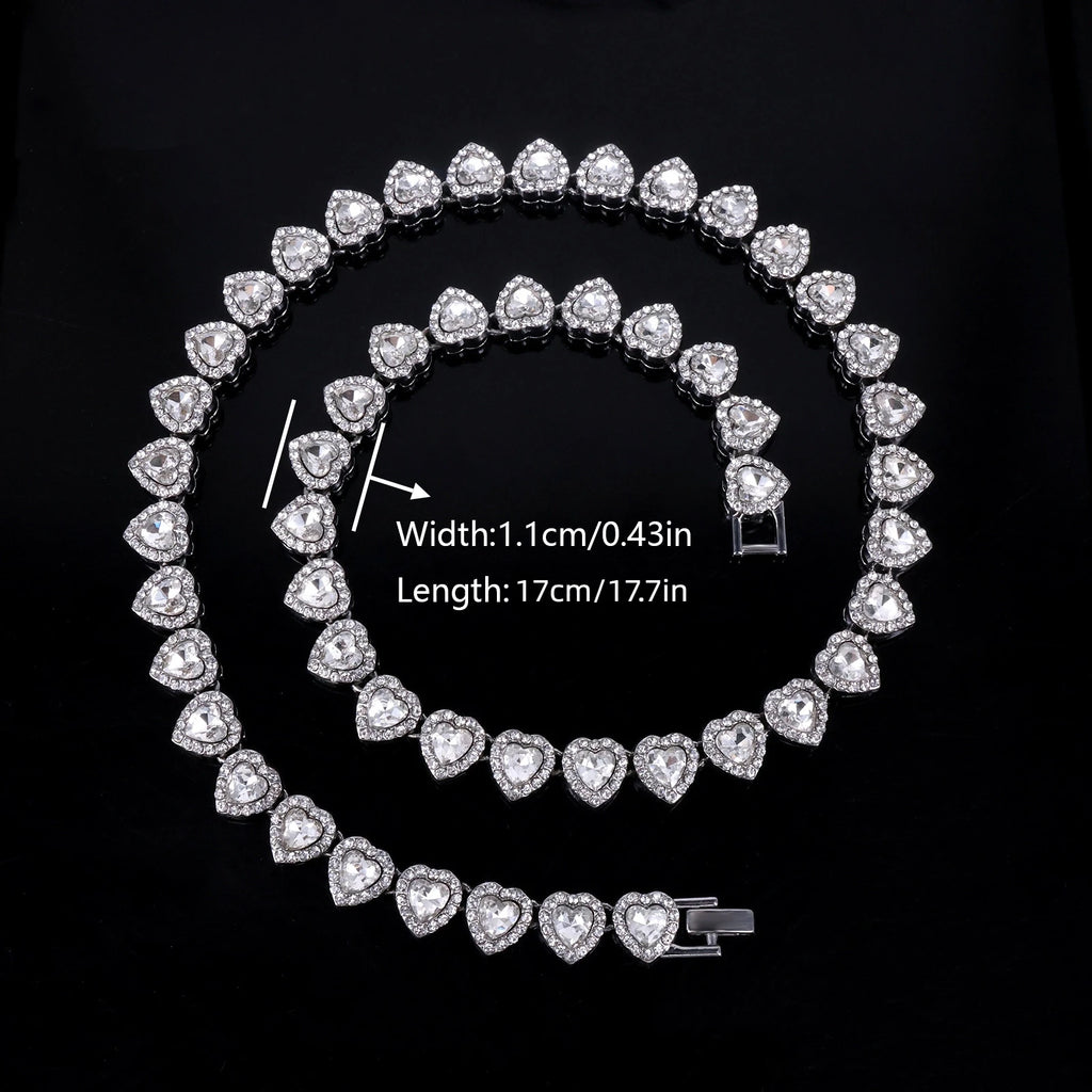 45CM New Hip Hop Tennis Chain Bracelet Necklace Shiny Heart Rhinestone CZ Fashion Rock Party Jewelry