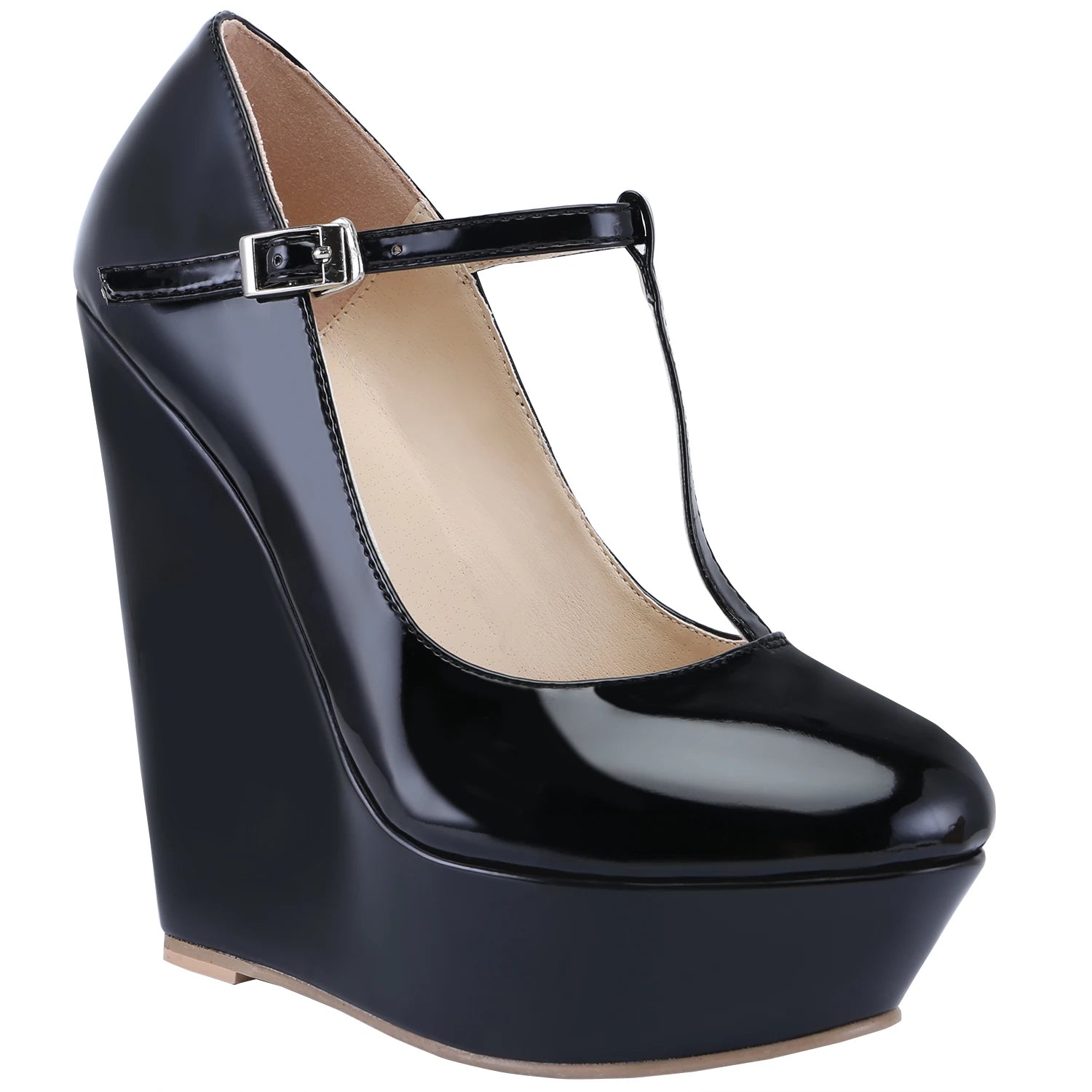 Women Platform Wedge Pumps Autumn Winter 14cm Super Round Toes High Heels T-Strap Gladiator Ladies Dress Party Wedding Shoes