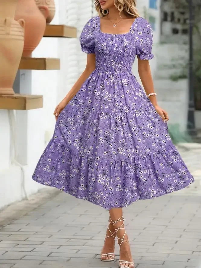 2025 New Women's Printed Dress Square Collar Bubble Sleeve Empire Waist Midi Dress Short Sleeve Cross-Border Independent Station