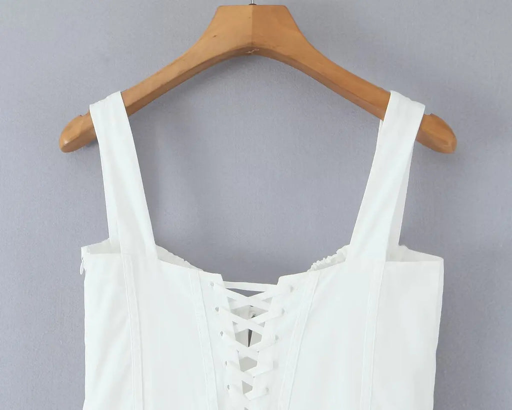 YENKYE Sexy Lace Up Bandage Back Elegant White Sling Dress Women Front Button A-line Cotton Corset Style Summer Dress Midi Robe