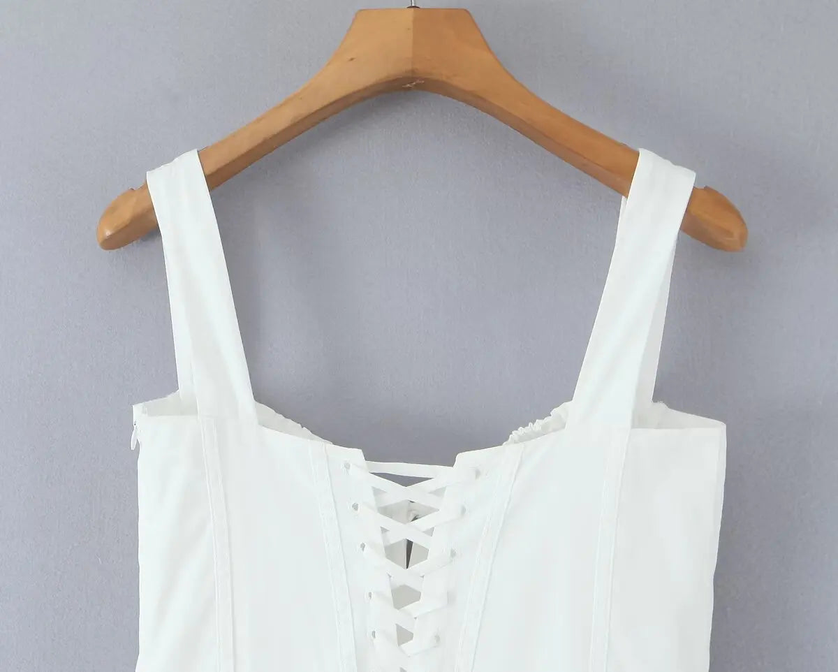 YENKYE Sexy Lace Up Bandage Back Elegant White Sling Dress Women Front Button A-line Cotton Corset Style Summer Dress Midi Robe