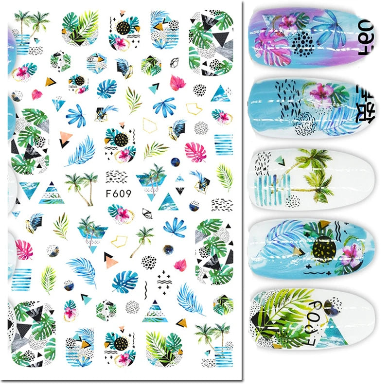 3d Nail Art Decals Geometric Lines Coconut Tree Palms Leaves Flowers Adhesive Sliders Nail Stickers Decorated Manicure