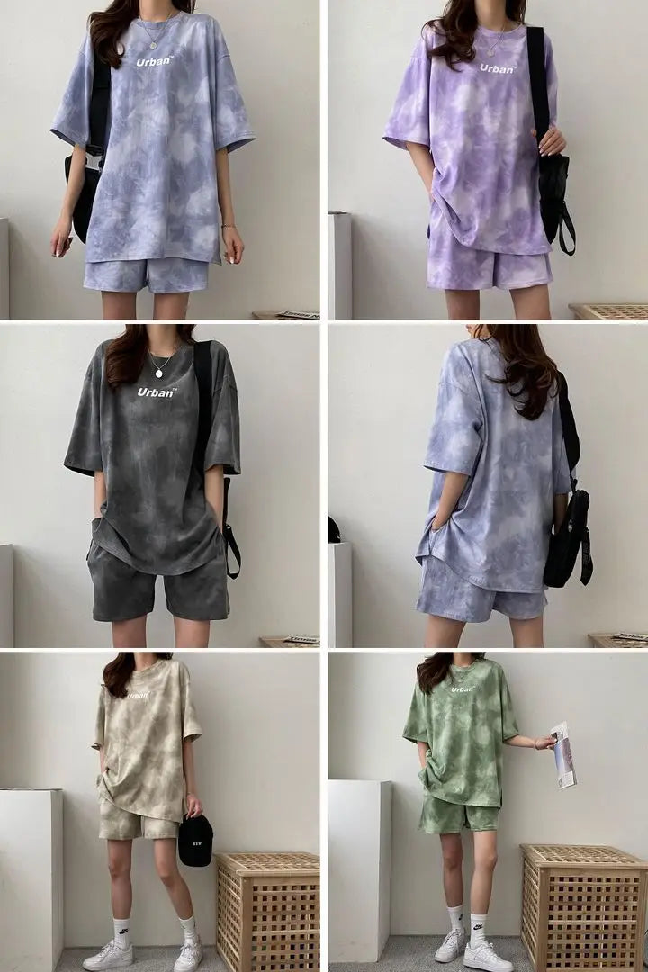 Women T-Shirt Shorts Suit Set Casual Tie Dye Loose tshirt and wide leg middle shorts with pockets female Soft Summer Shorts Sets
