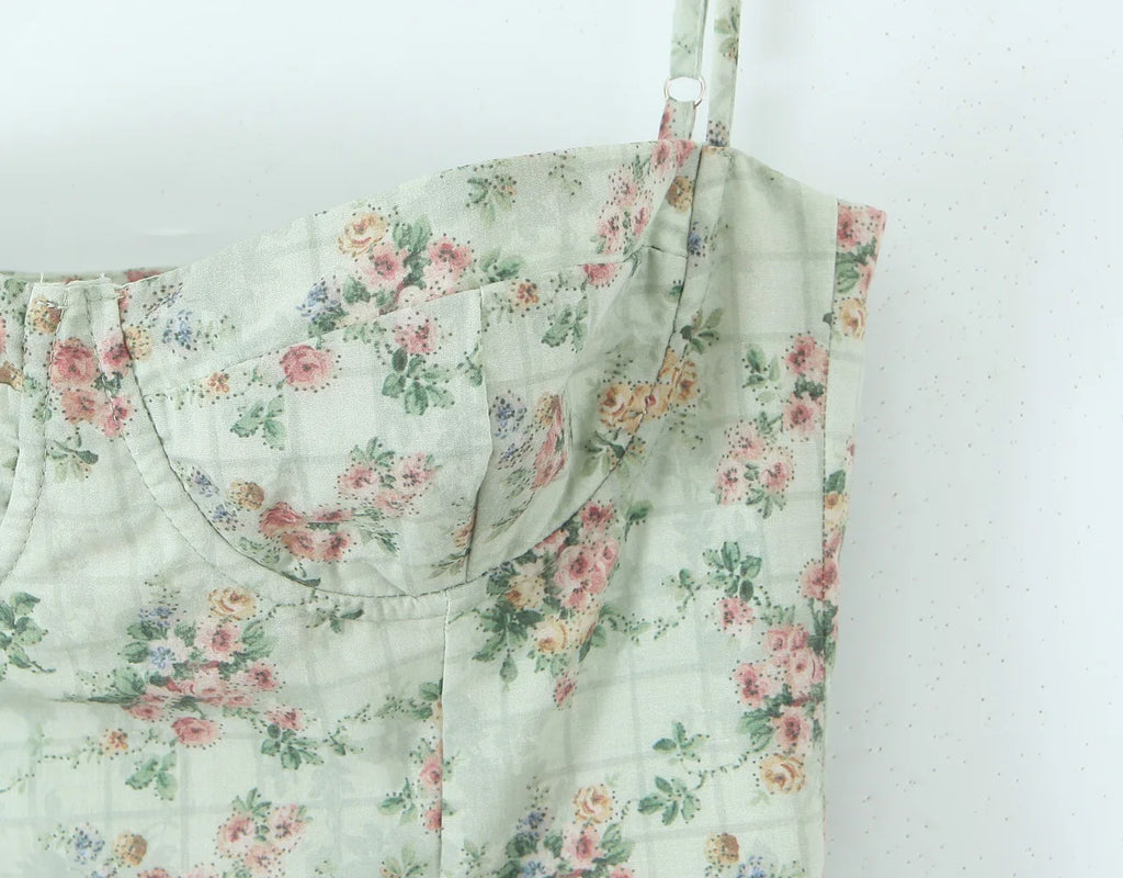 YENKYE Green Floral Print Sexy Spaghetti Straps Dress Women Low Waist A-line Midi Holiday Summer Dresses Party Robe 2025 Vestido