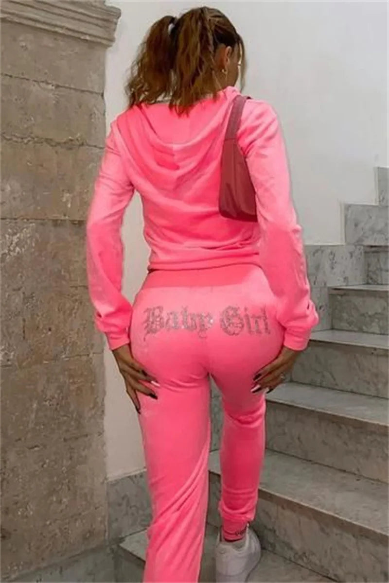 Ladies Casual Sportswear Set Pure Color Letter Rhinestone Long Sleeve Hoodie Loose Pants Two Piece Set Street Style Polyester