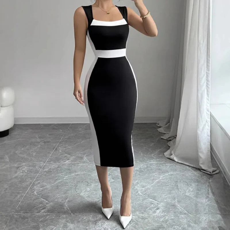 Women's Black & White Square Neck Sleeveless Slim-Fit Midi Dress with Waist Trim Casual Formal Wear