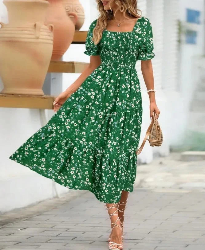 2025 New Women's Printed Dress Square Collar Bubble Sleeve Empire Waist Midi Dress Short Sleeve Cross-Border Independent Station