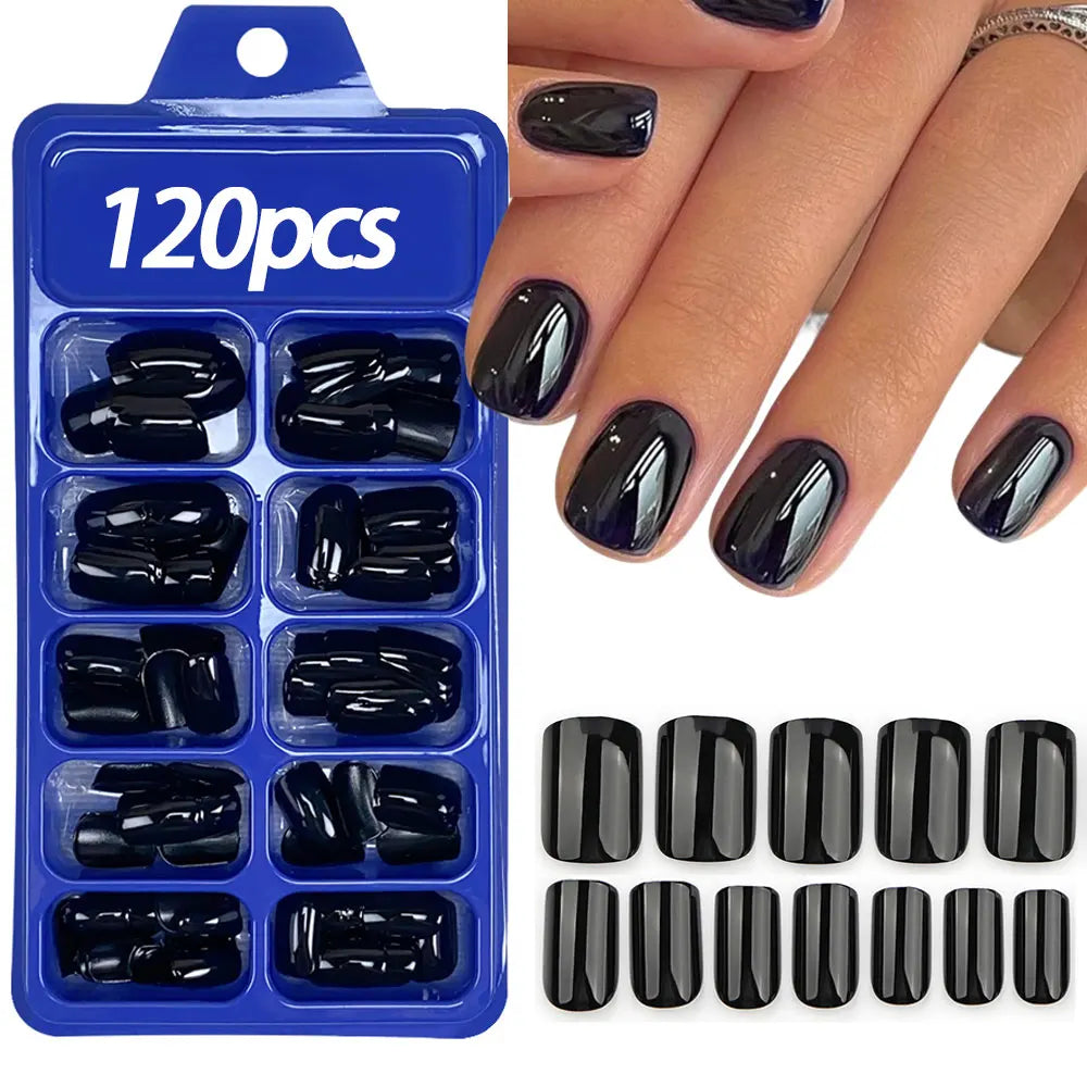 120pcs Short Square Glossy Black Press on Nails Soft Gel Natural Round Square False Nails Reusable Full Cover Acrylic Fake Nails
