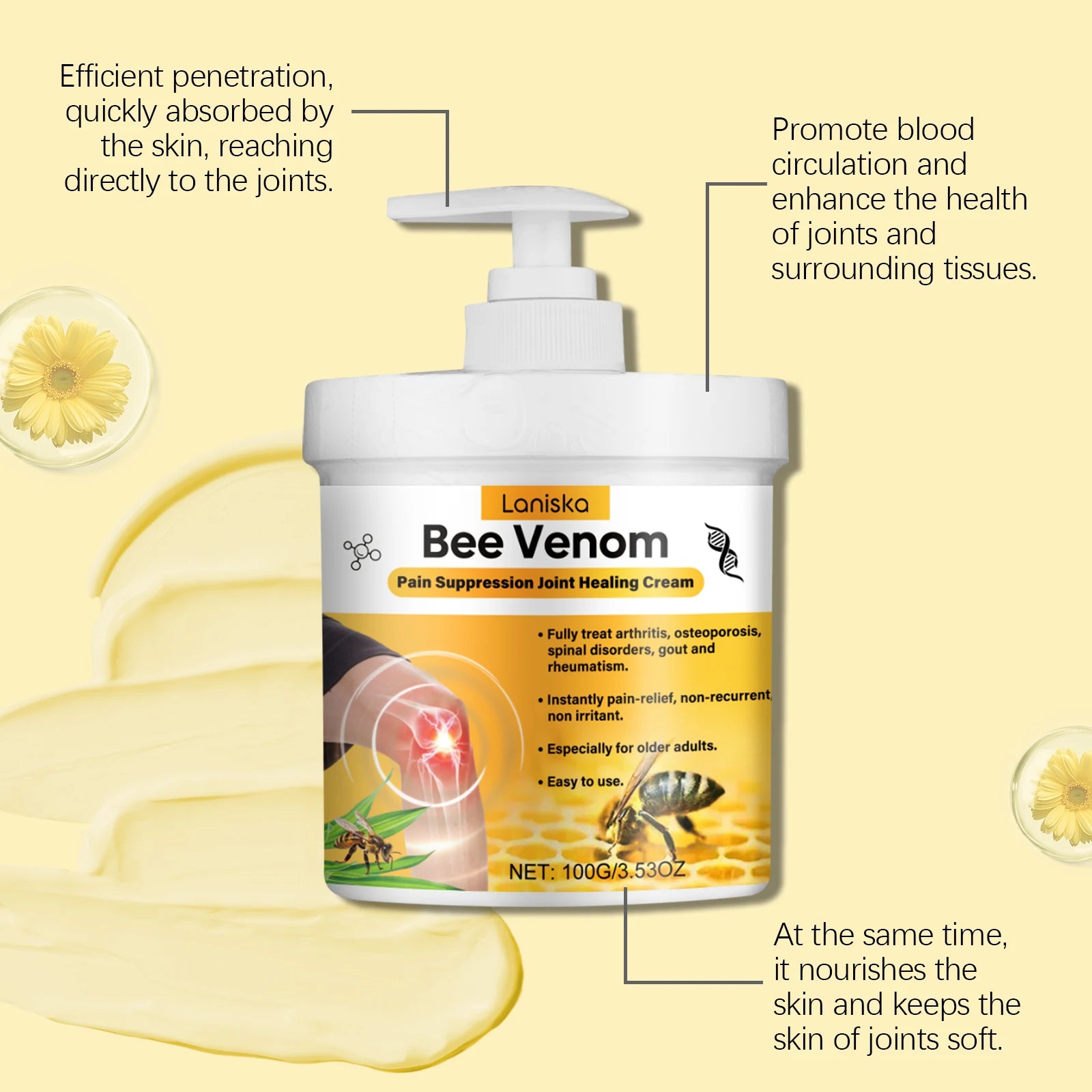 3.53fl.oz Bee Venom Joint Cream - Hypoallergenic and Soothing Moisturizing Lotion with a Light Fragrance for All Skin Types