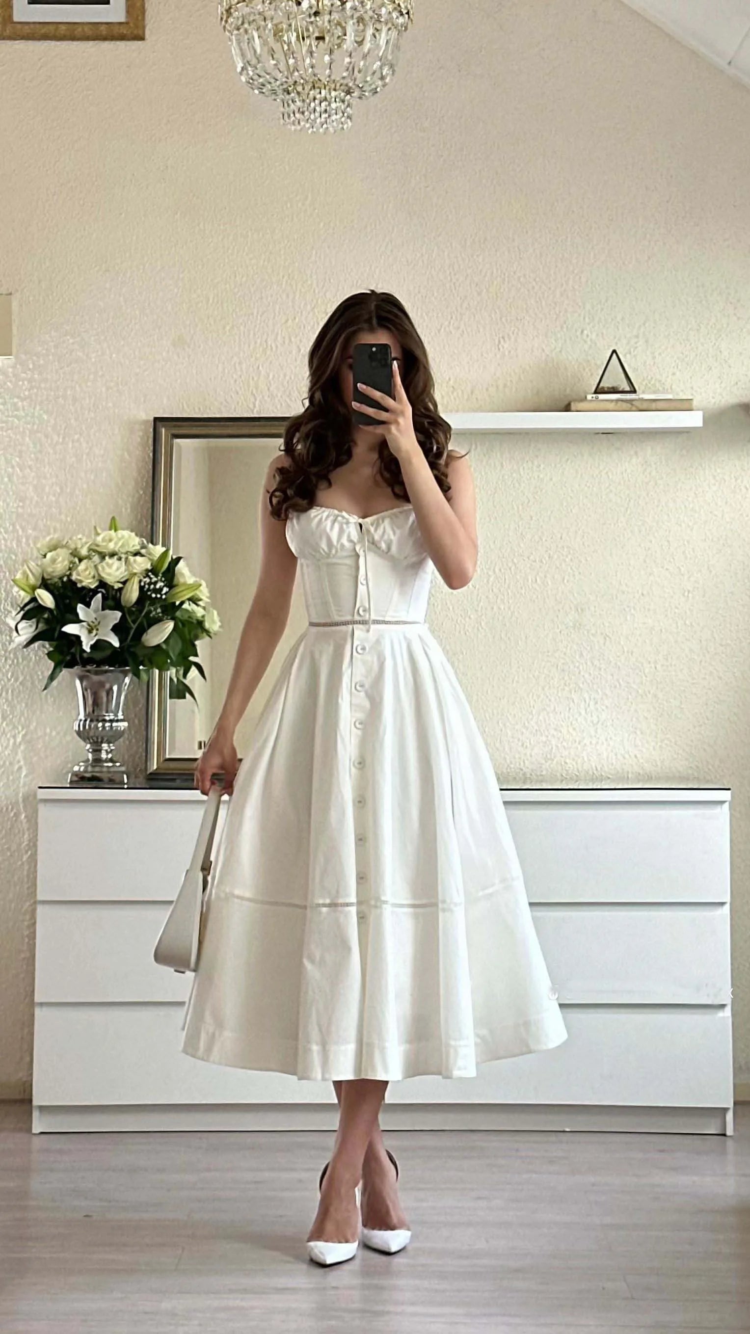 YENKYE Sexy Lace Up Bandage Back Elegant White Sling Dress Women Front Button A-line Cotton Corset Style Summer Dress Midi Robe