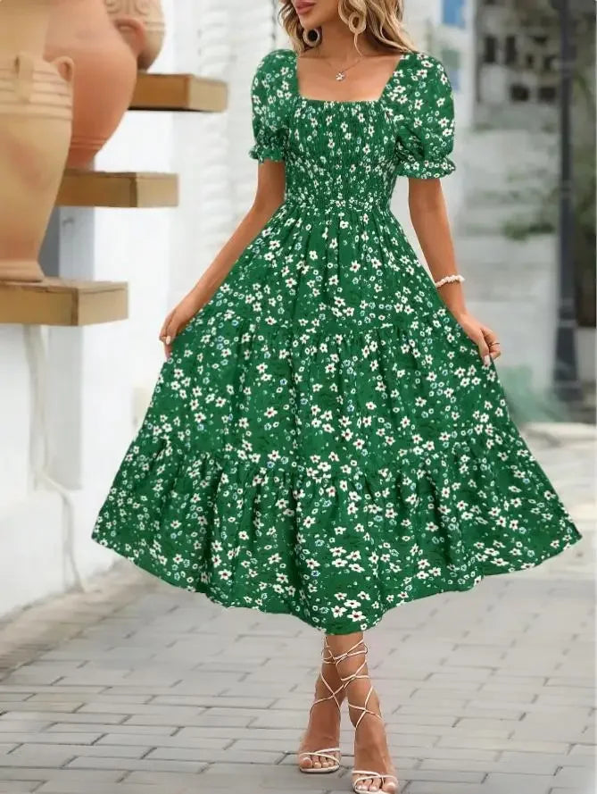 2025 New Women's Printed Dress Square Collar Bubble Sleeve Empire Waist Midi Dress Short Sleeve Cross-Border Independent Station