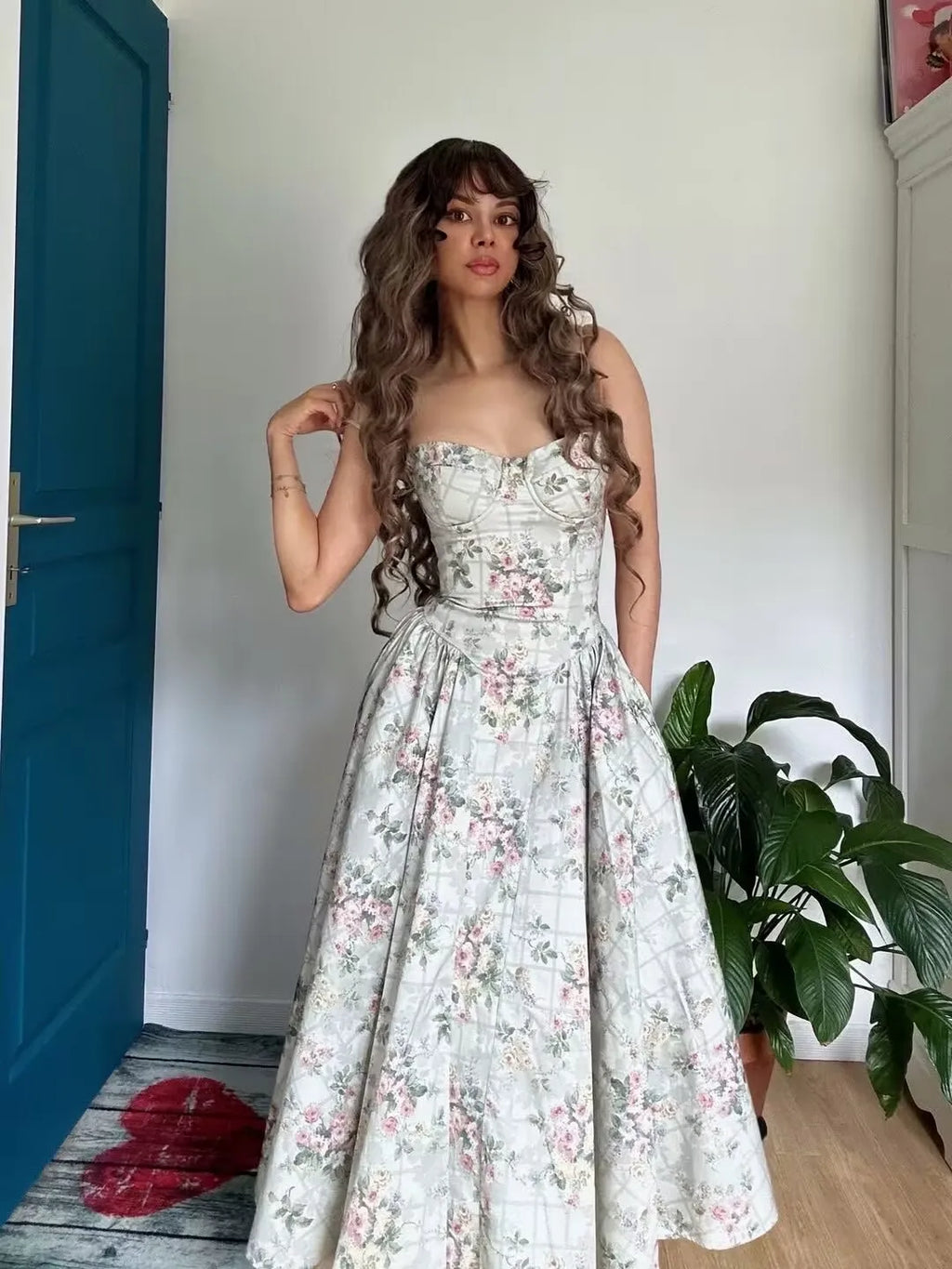 YENKYE Green Floral Print Sexy Spaghetti Straps Dress Women Low Waist A-line Midi Holiday Summer Dresses Party Robe 2025 Vestido