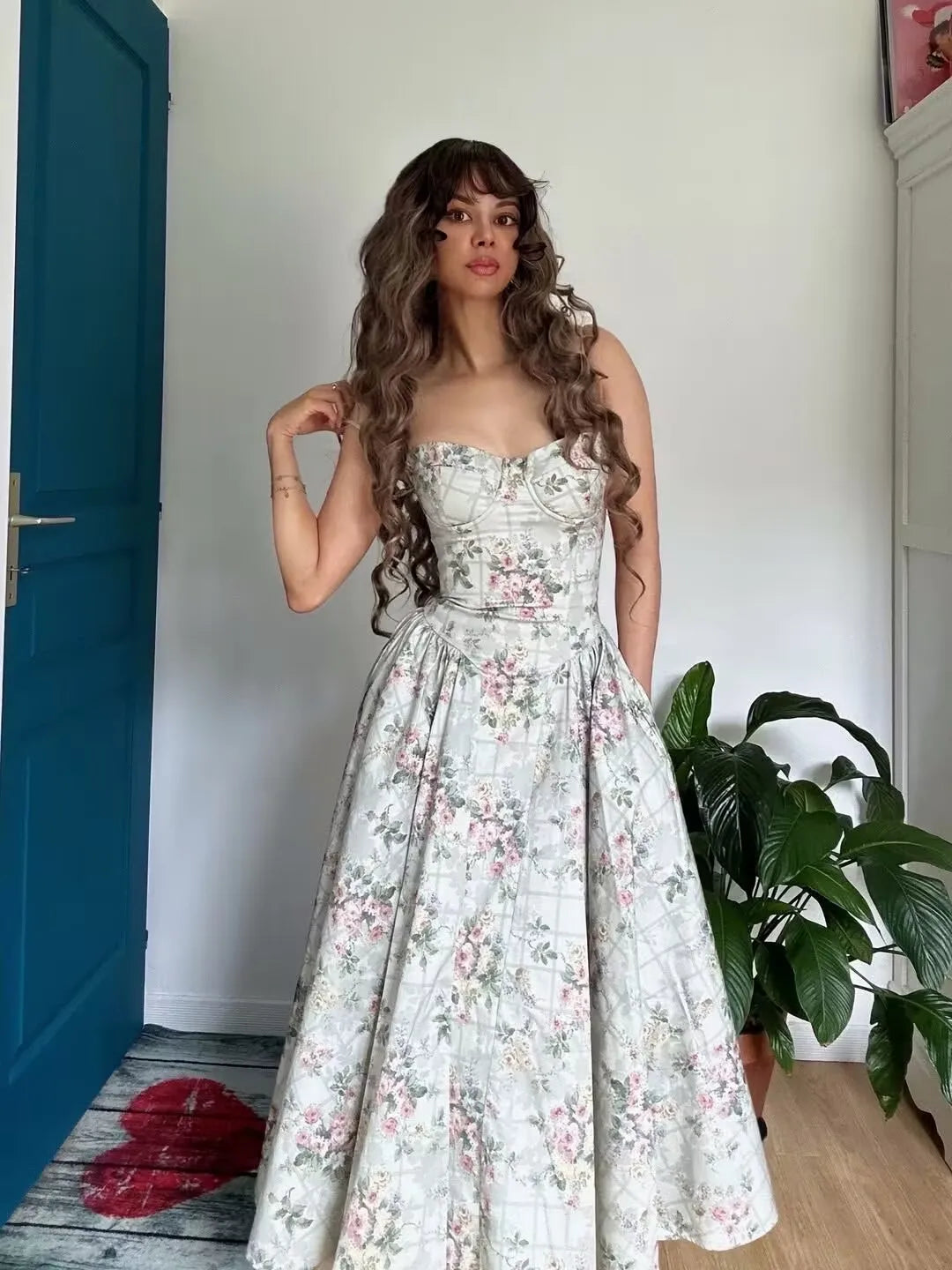 YENKYE Green Floral Print Sexy Spaghetti Straps Dress Women Low Waist A-line Midi Holiday Summer Dresses Party Robe 2025 Vestido