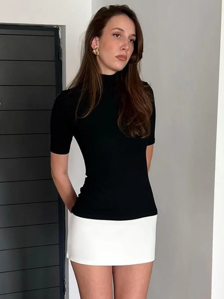 Contrast Color Bodycon Dress For Women Summer Clothing Turtleneck Vestidos Elegantes Para Mujer Half Sleeves Mini Streetwear Y2k