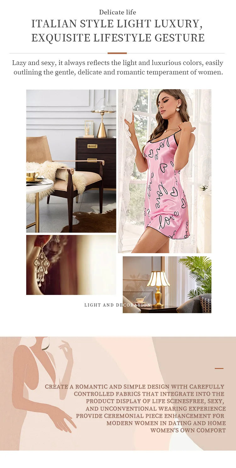 Heart Print Nightdress Elegant Scoop Neck Criss Cross Back Sleep Dress Women's Sleepwear